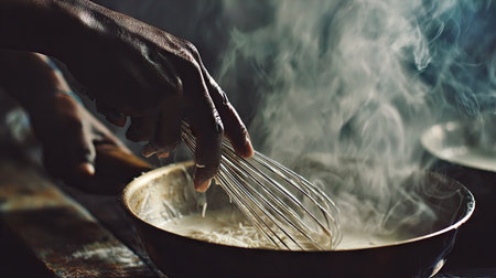 A close-up image captures a hand whisking a mixture in a skillet, surrounded by rising steam in a dimly lit kitchen setting, showcasing culinary artistry.の素材