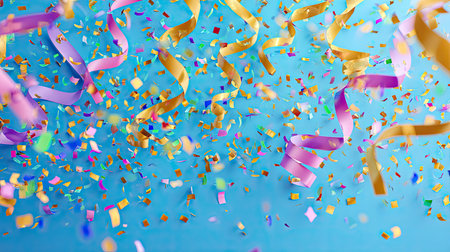Bright and colorful confetti and streamers falling against a vibrant blue background, perfect for celebrating special events or creating a festive atmosphere.の素材