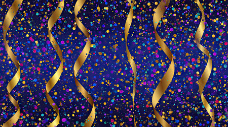 This vibrant image features colorful confetti and elegant golden ribbons against a deep blue background, perfect for celebrations and festive events.の素材