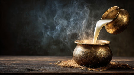 A stunning close-up of a golden pot pouring fresh milk, creating a serene atmosphere with steam rising against a rustic wooden backdrop.の素材