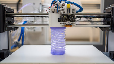 A modern 3D printer is at work, producing a colorful spiral object in a workshop. The innovative technology showcases precision and creativity in manufacturing.の素材
