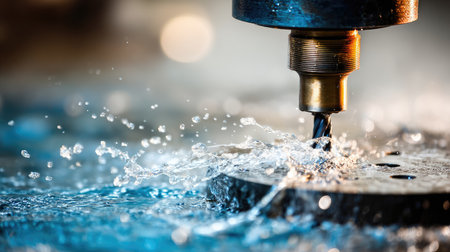 Captivating close-up view of a precision metal drilling process, showcasing dynamic water splashes and highlighting the intersection of technology and craftsmanship.の素材