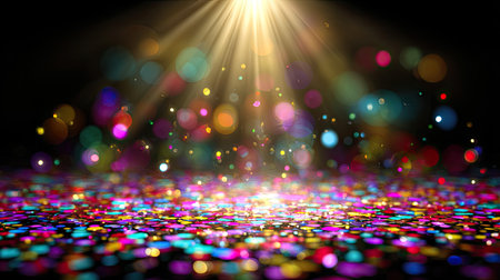 This vibrant image features colorful confetti illuminated by radiant light rays against a dark background, creating a lively and celebratory atmosphere ideal for multiple themes.の素材