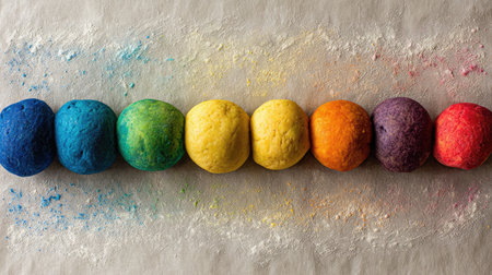 A vibrant display of colorful play dough balls arranged in a rainbow spectrum on a textured surface, perfect for creative and educational activities.の素材