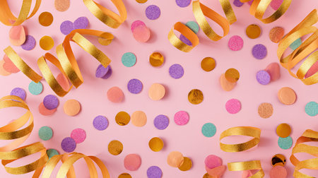 Bright and cheerful festive background featuring gold ribbons and colorful confetti on a pink surface, ideal for party decorations and celebration themes.の素材