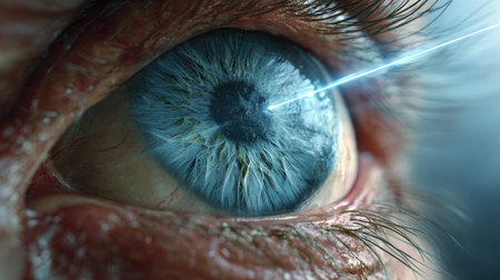 A striking close-up image showcasing a human eye capturing intricate details, including the shimmering iris and a focused laser beam, symbolizing vision and technology.の素材