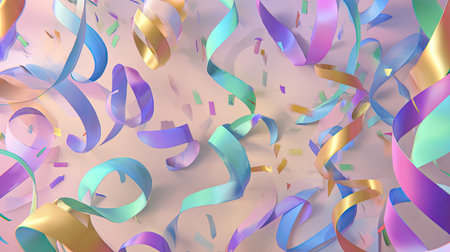 Vibrant streamers and colorful confetti float against a soft light background, creating a joyful atmosphere perfect for celebrations and festive occasions.の素材