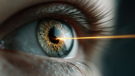 This captivating close-up image showcases a human eye with a glowing iris and sparkling effects, highlighting the beauty and complexity of vision.の素材