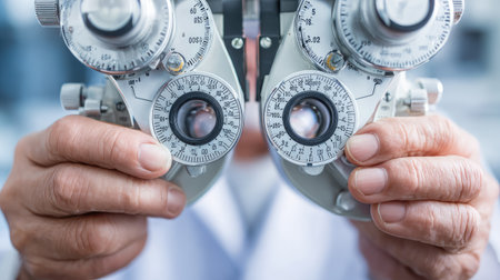 This image showcases a healthcare professional examining a patient's vision using a phoropter, highlighting precision in eye care with advanced optical instruments.の素材