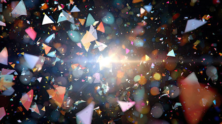 This vibrant abstract image features colorful triangles and bokeh lights, creating a dynamic and energetic background ideal for creative projects.の素材