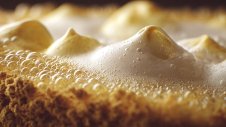 This captivating close-up showcases creamy foam and soft peaks atop a rich dessert surface, featuring delightful bubbles and warm golden tones.の素材