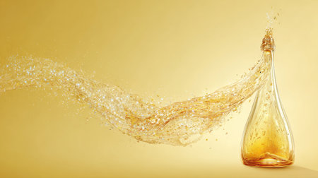 A stunning image capturing a gold liquid splash flowing from a beautifully shaped bottle against a warm golden background, perfect for celebrating luxury and joy.の素材