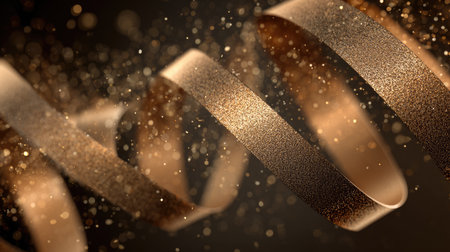 This captivating image features dynamic, abstract ribbons that shimmer with golden glitter against a dark backdrop, creating a luxurious and festive ambiance.の素材