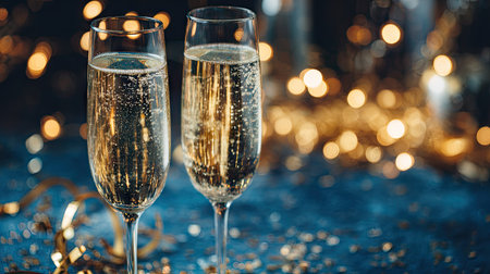 Two elegant champagne glasses filled with sparkling wine stand against a dreamy bokeh background, evoking festive mood and celebration vibes. Perfect for special occasions.の素材