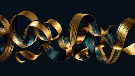 A stunning arrangement of flowing gold and blue ribbons creates a captivating visual on a dark background, perfect for artistic or design applications.の素材