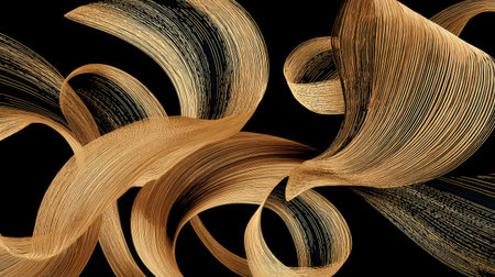 This visually stunning abstract artwork features flowing golden curves against a striking black background, perfect for modern design projects and artistic inspiration.の素材
