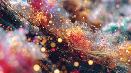 Explore a mesmerizing abstract background featuring vibrant glitter particles and shimmering textures that create a dreamy atmosphere.の素材
