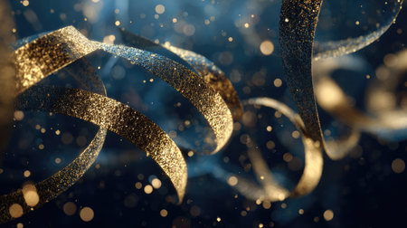 This stunning image features golden ribbons sparkling with glitter against a blurred backdrop, perfect for festive decorations or celebratory events.の素材