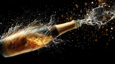 A stunning close-up of a champagne bottle bursting open, with shimmering golden liquid and bubbles splashing dramatically against a dark backdrop.の素材
