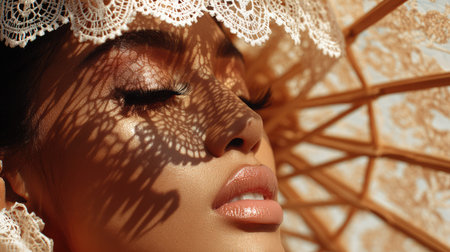 A captivating portrait of a woman showcasing elegant beauty under a lace umbrella, with soft shadows playing across her face, creating an ethereal atmosphere.の素材