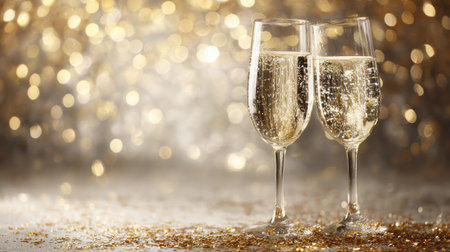 Two elegant glasses filled with sparkling beverages reflect light against a mesmerizing golden background, perfect for celebrations and special occasions.の素材