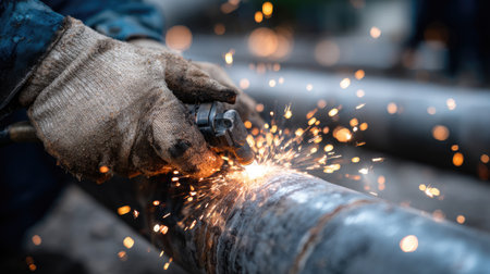 A skilled worker operates an angle grinder on a metal pipe, creating a shower of sparks in an industrial workshop. The focus on hands highlights safety and precision.の素材