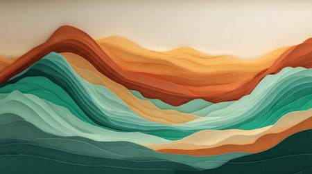 This abstract paper art piece presents a vibrant landscape of colorful mountains, showcasing fluid forms and earthy tones, perfect for modern decor.の素材