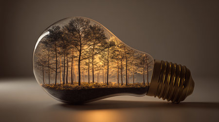 A captivating light bulb filled with a tranquil forest scene, showcasing the beauty of nature and eco-friendly concepts, ideal for promoting sustainability.の素材