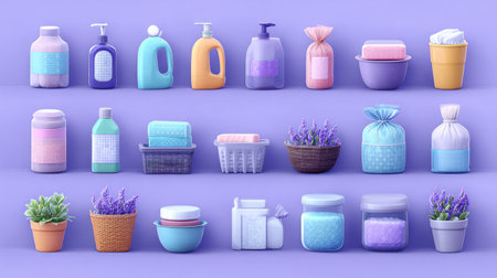 This image showcases a vibrant collection of cleaning supplies and decorative items arranged neatly on a purple background, emphasizing cleanliness and organization.の素材