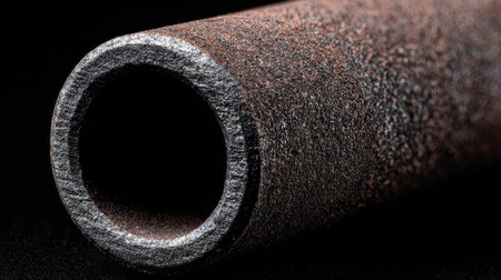 This image captures a close-up view of a textured rusty metal pipe, showcasing intricate details and depth, set against a dark background for dramatic effect.の素材
