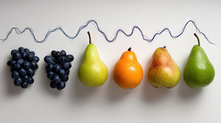 A captivating arrangement of various fruits including grapes, pears, and an orange, set against a minimalist background with a creative line design, perfect for food-themed projects.の素材