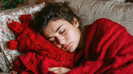 A serene indoor scene featuring a woman peacefully sleeping on a couch, wrapped in a vibrant red blanket, emanating warmth and tranquility.の素材