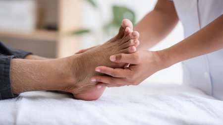 A soothing foot massage being performed in a calming spa setting, highlighting the attentive care provided by a professional therapist for relaxation and wellness.の素材