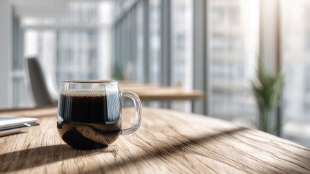 A clear glass mug filled with freshly brewed coffee sits on a wooden table, beautifully illuminated by natural light from office windows, creating a serene workspace atmosphere.の素材