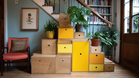 This image showcases a modern interior featuring colorful storage solutions with plants. The stylish staircase design enhances the cozy atmosphere of the room.の素材