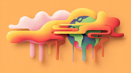 This vibrant and playful abstract artwork showcases the Earth surrounded by colorful drips and clouds, perfect for conveying creativity and positivity.の素材