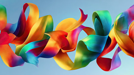 A stunning composition of colorful ribbons flowing elegantly against a soft blue background. This artwork captures the essence of creativity, movement, and joy.の素材