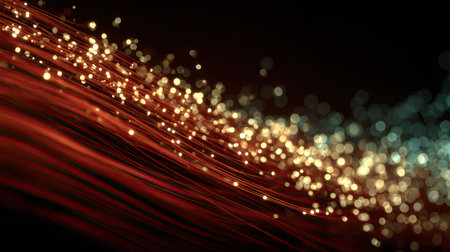 This stunning abstract image showcases a dynamic flow of bright glowing particles against a dark background, creating a mesmerizing wave effect.の素材