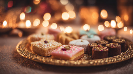 A beautifully arranged selection of colorful sweets sits on an ornate gold tray, illuminated by soft candlelight, creating a warm ambiance perfect for celebrations.の素材