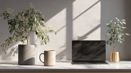 A tranquil workspace featuring a sleek laptop surrounded by lush greenery. The inviting setting combines modern design with soft natural light, creating an ideal environment for productivity and relaxation.の素材