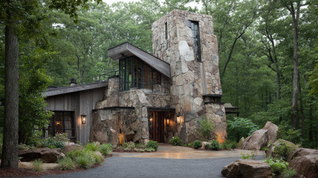 Explore a stunning modern stone house nestled in a tranquil forest. The unique architecture features natural materials and warm lighting, ideal for a peaceful retreat.の素材