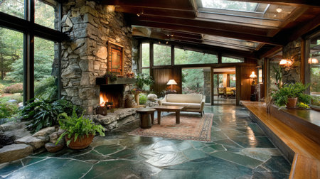 Explore a cozy modern living room featuring a stone fireplace, large windows, and lush greenery. The inviting space combines elegance and warmth in a serene atmosphere.の素材