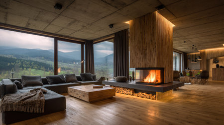 A modern cozy living room featuring a fireplace, wooden accents, and expansive windows showcasing a breathtaking mountain view. The inviting decor creates a serene atmosphere for relaxation.の素材