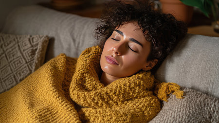 A serene scene of a woman resting comfortably on a sofa, wrapped in a soft yellow blanket. Her peaceful expression embodies tranquility and comfort in a cozy indoor setting.の素材