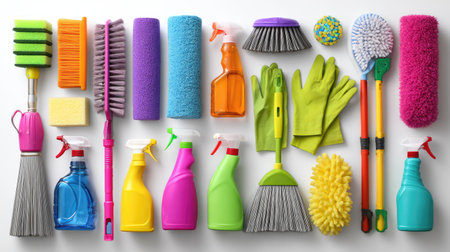 A vibrant array of cleaning supplies and tools showcased for effective housekeeping. Ideal for illustrating themes of hygiene, cleanliness, and home organization.の素材