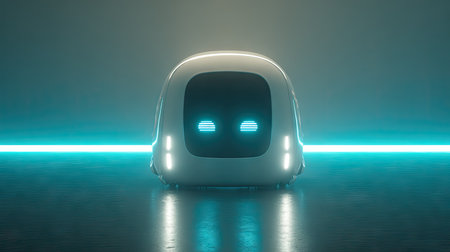 A sleek, futuristic robot figure stands in a dimly lit environment, illuminated by soft blue neon lines, presenting a modern design and innovative aesthetic.の素材