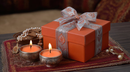 A beautifully wrapped orange gift box adorned with a decorative bow sits beside lit candles on an elegant table setting, creating a warm, inviting atmosphere perfect for celebrations.の素材