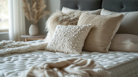 A serene bedroom featuring a comfortable mattress adorned with plush pillows and soft textiles, showcasing a warm and inviting atmosphere. Perfect for relaxation.の素材