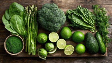 Discover a vibrant arrangement of fresh green vegetables and fruits on a rustic wooden table, showcasing the rich colors and textures ideal for healthy meal preparation.の素材