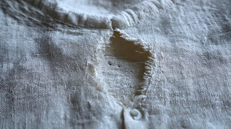 A close-up view of a tear in a piece of fabric, showcasing frayed edges and the unique texture of the material. Ideal for discussions on textile artistry.の素材